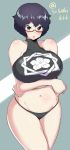  arms_under_breasts bangs black_bra black_eyes black_hair black_panties bra breast_hold breasts commentary cowboy_shot crossed_arms dudou emblem girls_und_panzer glasses halterneck large_breasts looking_at_viewer messy_hair open_mouth oryou_(girls_und_panzer) panties red-framed_eyewear sasaki_tatsuya semi-rimless_eyewear short_hair short_ponytail solo sports_bra standing string_panties twitter_username under-rim_eyewear underwear underwear_only 