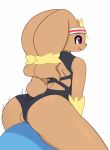  2018 anthro butt clothed clothing digital_media_(artwork) exercise_ball female hi_res lagomorph leotard mammal mega_evolution mega_lopunny nintendo open_mouth pinkcappachino pok&eacute;mon pok&eacute;mon_(species) purple_eyes simple_background solo sweat video_games white_background 