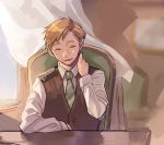 alphonse_elric blonde_hair blurry blurry_background chair closed_eyes curtains elbows_on_table esu_(825098897) fullmetal_alchemist happy long_sleeves male_focus necktie open_mouth shirt short_hair sitting smile solo waistcoat white_shirt window 