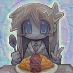  1girl :t abstract_background blue_eyes blush_stickers bow bowtie closed_mouth food highres holding holding_spoon kinutaku lab_coat long_hair necktie nichijou orange_hair plate professor_shinonome school_uniform solo spoon table v 