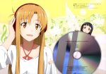  absurdres asuna_(sao) bangs blonde_hair brown_hair collarbone compact_disc copyright_name fingernails headphones highres holding long_hair looking_at_viewer multiple_girls nakano_ruizu open_mouth short_hair sword_art_online yellow_eyes yui_(sao) 