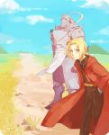  alphonse_elric animal apron armor black_shirt blonde_hair braid brothers cat cloud cloudy_sky coat day edward_elric field flamel_symbol full_armor fullmetal_alchemist gloves hand_in_pocket happy long_hair looking_at_viewer male_focus mmm72 mountain multiple_boys pants red_coat shirt siblings sky smile standing yellow_eyes 
