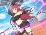  1girl animal ashiya_(senran_kagura) attack belt_pouch bird blue_sky blush boat breasts buttons ceiling chair chakram cleavage cloud day double-breasted gloves hair_ribbon hebijo_academy_uniform infinity_symbol large_breasts linea_alba long_hair looking_at_viewer motion_blur motion_lines navel ocean official_alternate_costume on_ship open_mouth outdoors pouch purple_eyes purple_thighhighs red_hair ribbon school_uniform seabird seagull senran_kagura senran_kagura_new_link senran_kagura_new_wave side_ponytail sky smile solo standing standing_on_one_leg table thighhighs throwing throwing_weapon torn_clothes torn_sleeve torn_thighhighs water watercraft weapon white_gloves window yellow_ribbon 