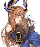  1girl bare_shoulders between_breasts blush breasts brown_hair cape commentary_request elbow_gloves eyebrows_visible_through_hair gloves gran_(granblue_fantasy) granblue_fantasy green_eyes head_hug heart horns hug large_breasts long_hair looking_at_another looking_down one_eye_closed sanmotogoroo simple_background smile song_(granblue_fantasy) speech_bubble spoken_heart white_background 