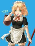  1girl alternate_costume apron black_dress blonde_hair blue_background blush bucket dress enmaided fate/apocrypha fate_(series) frilled_apron frills green_eyes haura_akitoshi knights_of_the_round_table_(fate) looking_at_viewer maid maid_apron maid_headdress mordred_(fate) mordred_(fate/apocrypha) open_mouth ponytail puffy_short_sleeves puffy_sleeves red_ribbon ribbon short_sleeves sweatdrop thighhighs unconventional_maid waist_apron white_apron wrist_cuffs 
