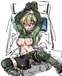  1boy 1girl areolae blonde_hair blue_eyes blush breasts clothed_sex cum cum_in_hair cum_in_pussy cum_on_breasts dutchko facial large_breasts military_uniform nipples rape restrained sex simple_background torn_clothes vesna_(dutchko) 