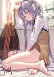  artist_name bare_legs barefoot biwa_lute blush chain feet fkey flower full_body gold_chain half-closed_eyes headphones highres indoors instrument lavender_eyes lavender_hair looking_at_viewer lute_(instrument) no_pants panties signature sitting soles solo touhou tsukumo_benben underwear white_flower white_panties 