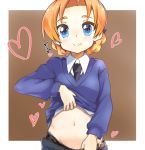  bangs black_legwear black_neckwear blue_eyes blue_skirt blue_sweater braid brown_background closed_mouth commentary dress_shirt eyebrows_visible_through_hair girls_und_panzer heart highres lifted_by_self long_sleeves looking_at_viewer navel necktie orange_hair orange_pekoe outside_border panties panty_pull pantyhose pantyhose_pull parted_bangs pink_panties polka_dot polka_dot_panties pulled_by_self school_uniform shirt shirt_lift short_hair skirt skirt_pull smile solo st._gloriana's_school_uniform standing sweater tied_hair toon_(noin) twin_braids underwear upper_body v-neck white_shirt wing_collar 