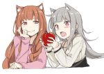  animal_ears apple bangs blunt_bangs blush braid brown_hair drooling eyebrows_visible_through_hair fang food fruit grey_hair head_rest holding holding_food holo long_hair long_sleeves looking_at_another mother_and_daughter multiple_girls myuri_(spice_and_wolf) open_mouth pink_shirt red_eyes shirt sidelocks simple_background smile spice_and_wolf toromera upper_body white_background wolf_ears 