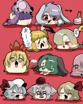  ... 1boy 6+girls animal_ears antlers bishamonten&#039;s_pagoda black_eyes blonde_hair blue_hair blunt_bangs bow carrot closed_eyes fangs flandre_scarlet full_body gloom_(expression) green_eyes green_hair grey_hair hair_bow hair_over_one_eye haniwa_kue hat highres horns inubashiri_momiji joutouguu_mayumi kasodani_kyouko kicchou_yachie long_hair looking_at_another looking_at_viewer looking_to_the_side mob_cap multiple_girls open_mouth patchouli_knowledge pointy_ears purple_hair rabbit_ears rabbit_girl red_background red_bow red_eyes reisen_udongein_inaba remilia_scarlet saliva short_hair simple_background smile spoken_ellipsis tongue tongue_out toramaru_shou touhou unzan wolf_ears wolf_girl yellow_horns yukkuri_shiteitte_ne 