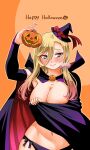  1girl black_cape black_panties black_sleeves blonde_hair blue_eyes blush bow breasts cape cleavage closed_mouth collarbone commentary covering_breasts covering_privates detached_sleeves english_commentary english_text hair_between_eyes hair_ornament hair_scrunchie halloween hand_up happy_halloween hat hat_bow high_collar highres holding holding_pumpkin jack-o'-lantern kuzuryuu_hanako large_breasts long_hair mini_hat mini_witch_hat navel orange_background panties pink_scrunchie pumpkin red_bow scrunchie sogabe_toshinori solo topless underwear upper_body witch_hat yankee_jk_kuzuhana-chan 
