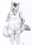  2018 anthro belly beuwens-folder beverage big_belly clothing coffee fur hand_on_stomach male male_pregnancy mammal navel outie_navel pregnant red_panda shirt shorts simple_background solo standing tobor whiskers 
