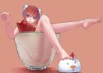  1girl bare_legs barefoot between_toes bun_cover feet looking_at_viewer orange_eyes orange_hair parted_lips soles stuffed_animal toes 