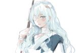  1girl bandaged_neck bandages blue_eyes blush eyepatch girls&#039;_frontline gun headgear holding holding_gun holding_weapon long_hair looking_at_viewer medical_eyepatch one_eye_covered osakana_(denpa_yun&#039;yun) parted_lips ribeyrolles_(girls&#039;_frontline) robe simple_background smile solo upper_body weapon white_background wrist_cuffs 
