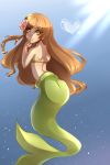  absurdres ass axis_powers_hetalia back bra breasts brown_hair buba_chan bubble eyebrows eyes flower green_eyes hair_flower hair_ornament heart highres hungary_(hetalia) long_hair looking_at_viewer looking_back mermaid monster_girl ocean small_breasts smile sunlight swimming underwater underwear wavy_hair 