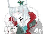  1girl anastasia_(fate) anastasia_(shvibzik_snow)_(fate) black_choker blue_eyes blue_sweater choker commentary_request cup disposable_coffee_cup disposable_cup fate/grand_order fate_(series) fur-trimmed_jacket fur_hat fur_trim grey_hair grey_jacket hair_over_one_eye hat holding holding_cup jacket layered_clothes long_hair looking_at_viewer mistletoe osakana_(denpa_yun&#039;yun) papakha shirt simple_background solo steam sweater upper_body white_shirt 