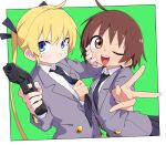  2girls blonde_hair blue_eyes blush brown_eyes brown_hair clothes_grab green_background gun hair_ribbon handgun highres holding holding_gun holding_weapon kill_me_baby long_hair long_sleeves multiple_girls necktie necktie_grab neckwear_grab open_mouth oribe_yasuna ribbon school_uniform shirt short_hair skirt sonya_(kill_me_baby) twintails v weapon yachima_tana 