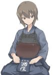  bangs blue_hakama blue_shirt bougu character_name closed_mouth commentary_request eyebrows_visible_through_hair girls_und_panzer hakama hands_on_lap harukon_(halcon) highres japanese_clothes kendo light_frown long_sleeves looking_at_viewer nishizumi_maho seiza shirt short_hair simple_background sitting solo white_background 