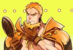 beard blonde_hair brown_eyes cape charlotte_oven chest facial_hair gloves living_(pixiv5031111) male_focus mirror multicolored_hair one_piece orange_hair shirtless solo two-tone_hair yellow_background 