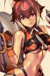  animal_ears bangs bare_shoulders blazblue breasts brown_hair close-up hair_between_eyes hands_up hankuri light_brown_hair lips looking_at_viewer makoto_nanaya medium_breasts midriff multicolored_hair navel red_eyes simple_background slender_waist smile solo squirrel_ears squirrel_girl squirrel_tail stomach tail two-tone_hair underboob upper_body w_arms white_background wide_hips 