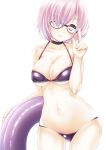  adjusting_eyewear ass_visible_through_thighs bikini black-framed_eyewear black_bikini black_choker breasts cameltoe choker cleavage closed_mouth collarbone commentary_request cowboy_shot fate/grand_order fate_(series) glasses hair_over_one_eye head_tilt holding innertube light_smile looking_at_viewer mash_kyrielight medium_breasts navel purple_eyes purple_hair shiromitsu_suzaku short_hair simple_background skindentation solo standing string_bikini swimsuit white_background 