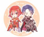  1girl armor blue_hair blush chibi closed_eyes dinikee fire_emblem fire_emblem:_akatsuki_no_megami fire_emblem:_monshou_no_nazo fire_emblem:_souen_no_kiseki gloves headband highres minerva_(fire_emblem) red_armor red_eyes red_hair short_hair smile spoilers tea zelgius 