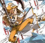  anchor belt brown_eyes brown_hair commentary_request dolphin fingerless_gloves gloves guilty_gear hat huge_weapon may_(guilty_gear) orange_hat pirate pirate_hat skull_and_crossbones sleeveless solo weapon ysk! 