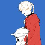  ^_^ alphonse_elric blue_background closed_eyes coat conqueror_of_shambala esu_(825098897) fullmetal_alchemist gloves happy helmet long_hair male_focus open_mouth ponytail profile red_coat simple_background smile solo standing 