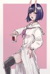  1girl alcohol black_choker black_thighhighs blue_eyes border can choker commentary eyeshadow fate/grand_order fate_(series) from_side hand_on_own_hip hand_up highres holding holding_can horns long_skirt long_sleeves looking_at_viewer makeup neckerchief official_alternate_costume oni open_mouth osakana_(denpa_yun&#039;yun) outside_border pink_background pinky_out purple_hair purple_neckerchief red_eyeshadow sailor_collar school_uniform serafuku shirt short_hair shuten_douji_(fate) side_slit simple_background skin-covered_horns skirt solo standing thighhighs white_border white_sailor_collar white_serafuku white_shirt white_skirt 