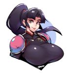  artist_name black_hair breasts brown_eyes commentary hair_intakes huge_breasts inuyasha lips long_hair ponytail sango shoulder_pads signature simple_background solo upper_body white_background zako_(arvinry) 