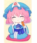  :t ^_^ blue_hat blue_kimono blue_neckwear blush center_frills checkered chibi closed_eyes collar commentary_request cushion dango eating facing_viewer food foodgasm frilled_collar frills hand_on_own_cheek hat holding holding_food japanese_clothes kimono long_sleeves mob_cap neck_ribbon obi pink_hair rei_(tonbo0430) ribbon saigyouji_yuyuko sash short_hair sitting solo touhou triangular_headpiece two-tone_background veil wagashi white_background wide_sleeves yellow_background zabuton 