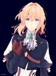  artist_name blonde_hair blue_background blue_eyes gloves hair_between_eyes hair_ribbon highres looking_at_viewer red_gloves red_ribbon ribbon riooo1 short_hair simple_background solo upper_body violet_evergarden violet_evergarden_(character) white_neckwear 
