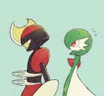  black_eyes blue_background flying_sweatdrops from_side gardevoir gen_3_pokemon gen_5_pokemon green_hair open_mouth pokemon pokemon_(creature) profile red_eyes shiwo_(siwosi) short_hair simple_background standing sweat 