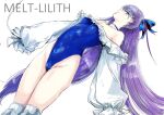  1girl arms_at_sides bare_shoulders blue_choker blue_eyes blue_leotard blue_ribbon breasts character_name choker closed_mouth commentary_request fate/grand_order fate_(series) feet_out_of_frame hair_ribbon highleg highleg_leotard leotard light_smile long_hair looking_at_viewer looking_to_the_side meltryllis_(fate) meltryllis_(swimsuit_lancer)_(fate) meltryllis_(swimsuit_lancer)_(second_ascension)_(fate) off-shoulder_leotard osakana_(denpa_yun&#039;yun) profile purple_hair ribbon simple_background sleeves_past_fingers sleeves_past_wrists small_breasts solo thighs very_long_hair white_background 