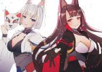  aiguillette akagi_(azur_lane) animal_ears azur_lane bad_id bad_twitter_id bangs black_hair black_legwear blue_eyes blunt_bangs blush breasts brown_hair choker cleavage collar commentary_request confetti eyeshadow floating_hair fox_ears fox_mask gloves hair_ornament half-closed_eyes hanato_(seonoaiko) holding holding_mask japanese_clothes kaga_(azur_lane) large_breasts long_hair looking_at_viewer makeup mask multiple_girls parted_lips partly_fingerless_gloves petals pleated_skirt reaching_out red_eyes red_skirt rigging short_hair simple_background skirt smile thighhighs thighs white_background white_hair wide_sleeves work_in_progress wrist_straps 