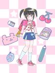  1girl backpack bag berrie_(mezzo_piano) black_hair blue_skirt blue_socks blunt_bangs blush character_print child ciao_(shogakukan) denim denim_skirt ezaki_bisuko fashion glasses hair_bobbles hair_ornament hamster_print hamtaro hamtaro_(series) heart heart_print heisei_retro highres layered_sleeves long_sleeves mezzo_piano original pink_footwear pouch print_bag print_footwear print_shirt print_skirt randoseru red_bag shirt shoes short_sleeves short_twintails sidelocks skirt sneakers socks solo standing striped_clothes striped_sleeves striped_socks t-shirt tamagotchi tamagotchi_(classic) tamagotchi_(virtual_pet) tamagotchi_connection twintails two-tone_socks white_socks yellow_bag 