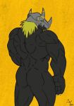  2014 anthro biceps blackwargreymon butt butt_pose digimon dragon hair male mostly_nude muscular muscular_male scalie simple_background solo unknown_artist yellow_eyes 