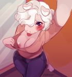  2018 4_fingers anthro big_breasts biped bird&#039;s-eye_view blep blue_bottomwear blue_clothing blue_eyes blush breasts brown_clothing brown_topwear clothing digital_drawing_(artwork) digital_media_(artwork) dipstick_ears eyelashes female female_pov first_person_view fitting_room floppy_ears hair hair_over_eye high-angle_view humanoid_hands inside jeans mammal mirror missy_(pigburger) nipples one_breast_out pants pig pig_nose pigburger pink_nose pink_skin pink_tail porcine portrait presenting presenting_breasts raised_arm red_nipples red_tongue selfie shirt shirt_pull short_hair smile solo standing tail_tuft three-quarter_portrait tongue tongue_out tuft white_hair 