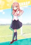  blue_eyes blue_skirt bow character_name commentary_request full_body hoshimelon inazuma_eleven_(series) inazuma_eleven_ares_no_tenbin long_hair looking_at_viewer mikado_anna pink_hair school_uniform skirt solo 