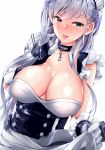  :p amasora_taichi azur_lane bangs belfast_(azur_lane) blue_eyes blush braid breasts chain cleavage collar collarbone commentary_request corset dutch_angle eyebrows_visible_through_hair fellatio_gesture frills gloves half-closed_eyes half_updo hand_up highres large_breasts lips long_hair looking_at_viewer maid maid_headdress silver_hair simple_background skirt skirt_lift smile solo tongue tongue_out tsurime turret upper_body white_background white_gloves 