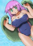  1girl artist_request bangs breasts cameltoe collarbone curvy erect_nipples green_eyes large_breasts long_hair navel open_mouth purple_hair swimsuit thick_thighs towel 