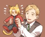  2boys :d alphonse_elric animal_ears black_shirt blonde_hair boots braid brothers cat_ears cat_tail coat edward_elric esu_(825098897) formal frown fullmetal_alchemist happy long_hair long_sleeves looking_at_another looking_away male_focus multiple_boys necktie open_mouth pants red_coat shirt short_hair siblings simple_background smile tail waistcoat white_shirt yellow_eyes 