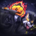 absurd_res anthro arthropod beetle canid canine canis claws elateroid fangs fire firefly fog food fruit halloween hi_res holidays insect male mammal naoto night plant pumpkin solo teeth tongue tongue_out wolf