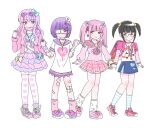 4girls aqua_bow backpack bag bandaged_arm bandages bandaid bandaid_on_arm bandaid_on_leg berrie_(mezzo_piano) black_hair blue_skirt blue_socks blunt_bangs blush bow bow_skirt bowtie boxcutter character_print child choker clothes_writing cloud_print cross cross_print denim denim_skirt dress earrings eyepatch eyewear_on_head ezaki_bisuko fashion food food-themed_earrings frilled_dress frilled_skirt frills fruit glasses hair_bobbles hair_bow hair_ornament hamster_print hamtaro hamtaro_(series) hat heart heart-shaped_eyewear heart_print heart_ring heisei_retro hexagram holding holding_boxcutter hood hood_down hoodie jewelry layered_sleeves long_hair long_sleeves looking_at_viewer loose_socks medical_eyepatch medium_hair mezzo_piano mini_hat multicolored_hair multiple_girls necklace nurse_cap open_clothes open_hoodie original pendant petticoat pill pill_earrings pink_bow pink_eyes pink_footwear pink_hair pink_hoodie pink_sailor_collar pink_serafuku pink_shirt pink_skirt pink_socks plaid_clothes plaid_skirt pleated_skirt pouch print_bag print_dress print_footwear print_shirt print_skirt print_thighhighs purple_bow purple_bowtie purple_eyes purple_footwear purple_hair purple_sailor_collar purple_skirt purple_wristband randoseru red_bag sailor_collar sailor_dress school_uniform scissors_hair_ornament serafuku shirt shoes short_hair short_sleeves short_twintails sidelocks simple_background skirt smile sneakers socks solo_focus split-color_hair standing star_(symbol) star_necklace strawberry strawberry_earrings striped_clothes striped_sleeves striped_socks stuffed_toy sunglasses t-shirt tamagotchi tamagotchi_(classic) tamagotchi_(virtual_pet) thermometer thighhighs twintails two-tone_hair two-tone_skirt two-tone_socks unicorn_print white_background white_dress white_hat white_socks white_thighhighs wing_hair_ornament winged_footwear yami_kawaii yellow_bag yellow_bow yume_kawaii zettai_ryouiki 