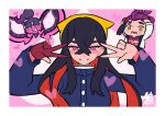  1boy 1girl alternate_eye_color black_hair blue_gakuran blueberry_academy_school_uniform blush brother_and_sister carmine_(pokemon) chibi chibi_inset colored_inner_hair corruption crossed_bangs double_w furrowed_brow gloves grin hacco_mayu hair_between_eyes hair_pulled_back hairband hands_on_own_head hands_up heart heart_background highres jacket kieran_(pokemon) long_hair looking_at_viewer mind_control mole mole_under_eye multicolored_hair open_mouth partially_fingerless_gloves pecharunt pink_background pink_eyes pokemon pokemon_sv portrait purple_hair red_gloves red_hair red_tank_top scared school_uniform siblings single_glove smile solo_focus sweat tank_top topknot two-tone_hair w white_jacket yellow_eyes yellow_hairband 