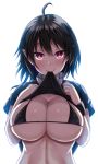  ahoge bangs bikini black_bikini_top black_dress black_hair breasts cleavage closed_mouth commentary_request covered_nipples dress dress_lift ebi_193 hands_up houjuu_nue large_breasts lifted_by_self looking_at_viewer micro_bikini_top mouth_hold no_wings pink_eyes pointy_ears shiny shiny_hair short_sleeves simple_background smile solo string_bikini swimsuit touhou upper_body white_background wristband 