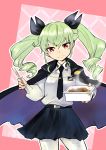  anchovy anzio_school_uniform bangs belt black_belt black_cape black_neckwear black_ribbon black_skirt bowl cape chopsticks closed_mouth commentary cowboy_shot doraeshi dress_shirt drill_hair emblem eyebrows_visible_through_hair food girls_und_panzer giving green_hair hair_ribbon highres holding holding_food long_hair long_sleeves looking_at_viewer miniskirt necktie pantyhose pleated_skirt red_eyes ribbon school_uniform shirt skirt smile standing steam twin_drills twintails v-shaped_eyebrows white_legwear white_shirt wing_collar yakisoba 