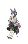  animal_ears artist_request bag black-framed_eyewear black_hair blue_eyes blush book bow braid brown_footwear coat full_body glasses green_skirt grey_coat grey_hair handbag highres horse_ears horse_girl horse_tail kneehighs long_hair looking_at_viewer official_art plaid plaid_skirt shoe_bow shoes skirt solo tail transparent_background umamusume white_legwear zenno_rob_roy 