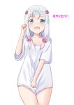  1girl artist_request between_legs blue_eyes blush bottomless bow collarbone cowboy_shot eromanga_sensei eyebrows_visible_through_hair female hair_bow hair_ornament hand_between_legs hand_up have_to_pee izumi_sagiri open_mouth pink_bow shirt short_sleeves silver_hair simple_background solo standing talking text translation_request white_background white_shirt 