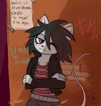 2021 anthro belt black_clothing black_jacket black_topwear bottomwear brick_wall clothed clothed_anthro clothed_female clothing crossed_arms digital_drawing_(artwork) digital_media_(artwork) ema_(funki_punky) eye_through_hair eyelashes eyelashes_through_hair faustin_bros female female_anthro fingers front_view funki_punky graffiti hair half-closed_eyes hi_res jacket loss mammal meme mortuss_mortem mouth_closed narrowed_eyes one_eye_closed pattern_clothing pattern_shirt pattern_topwear pink_eyes portrait rodent shirt solo spanish_text striped_clothing striped_shirt striped_topwear stripes tail text three-quarter_portrait topwear translucent translucent_hair wall_(structure)